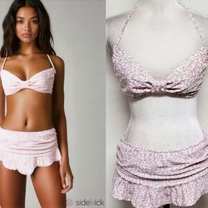 Rare 90s Vintage Candie's Pink Ditsy Floral Halter Low Rise Ruched Skirt Bikini